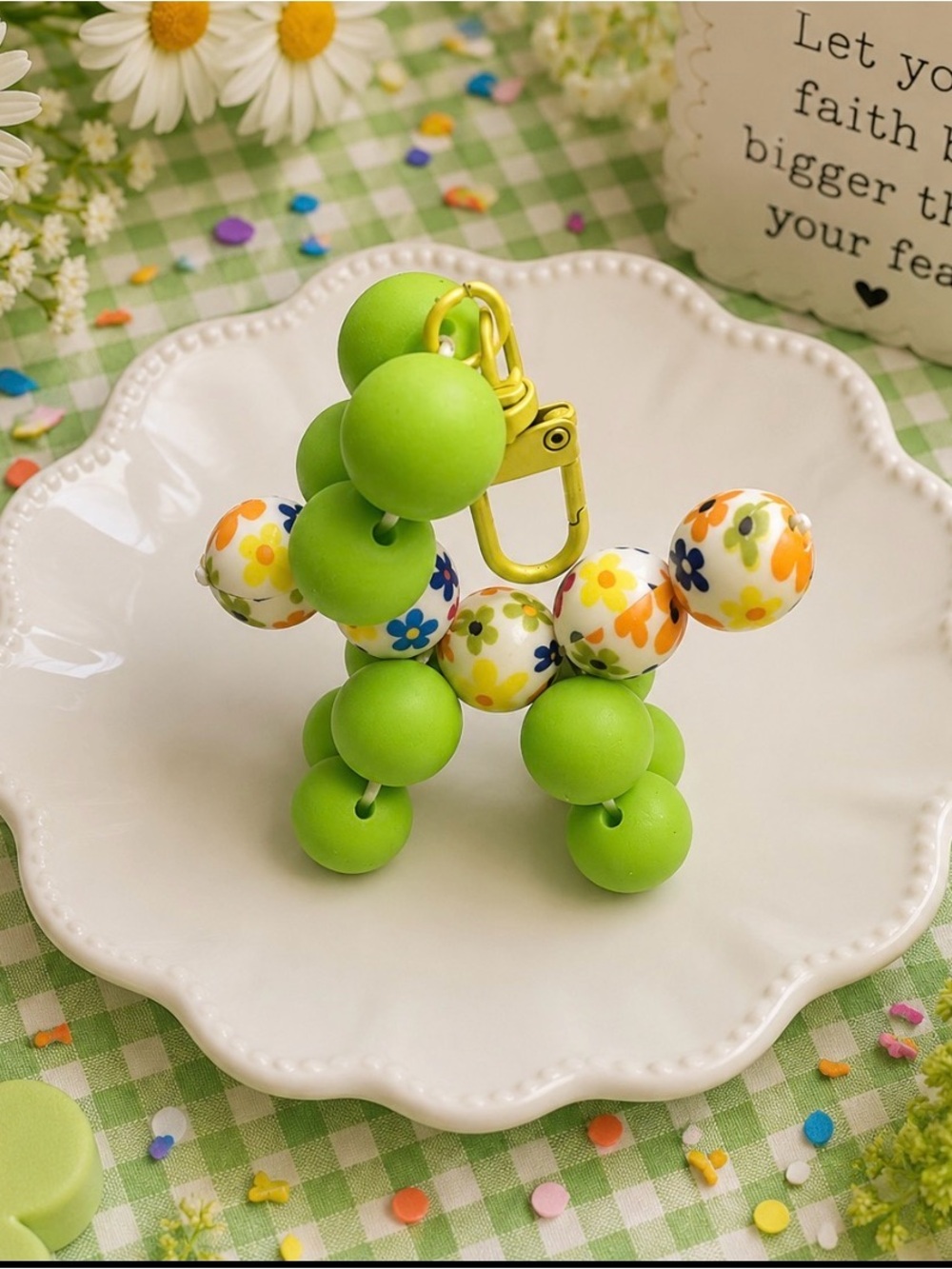 Green Beaded Balloon Dog Keychain with Floral Accents - Picture 1 of 2
